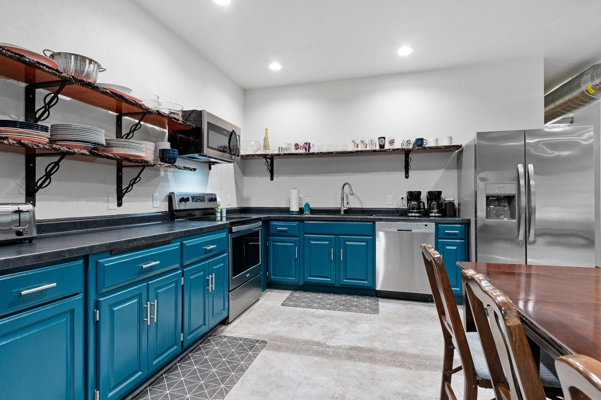 angle of kitchen showing work space and cabinets